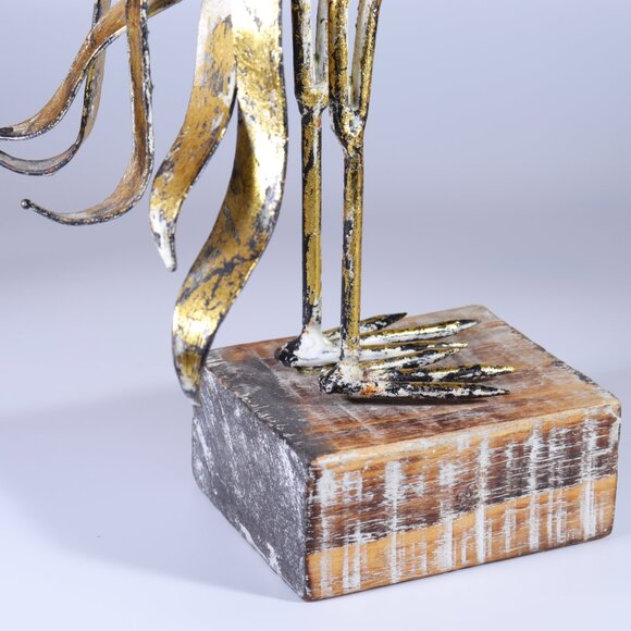 Wood & Metal Bird Peacock (?) Wood Base Figurine Decor Handmade 14" Height. - Picture 7 of 8